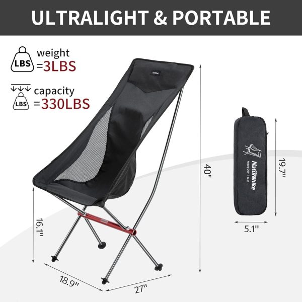 Naturehike Folding Camping Chair, Lightweight High Back Portable Compact Chair, Large Heavy Duty 330lbs for Adults, Hiking Camp Backpacking Beach Picnic Fishing with Storage Bag, Black - Image 3